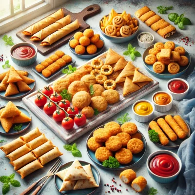 DALL·E 2025-01-17 21.31.13 - A high-quality, visually appealing image displaying an assortment of frozen food items arranged on a clean and elegant table. The items include golden