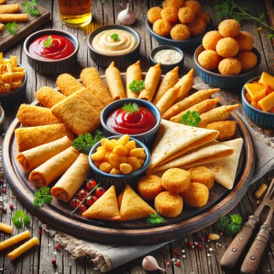 DALL·E 2025-01-17 22.35.34 - A professional, appetizing image displaying a variety of frozen snacks arranged on a rustic wooden table. The platter includes crispy samosas, golden